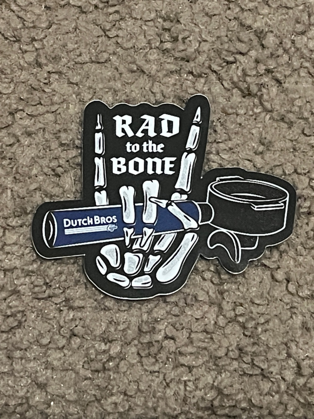 Dutch Bros Black, White & Blue 'Rad to the Bone' Sticker - Skeleton Hand Design